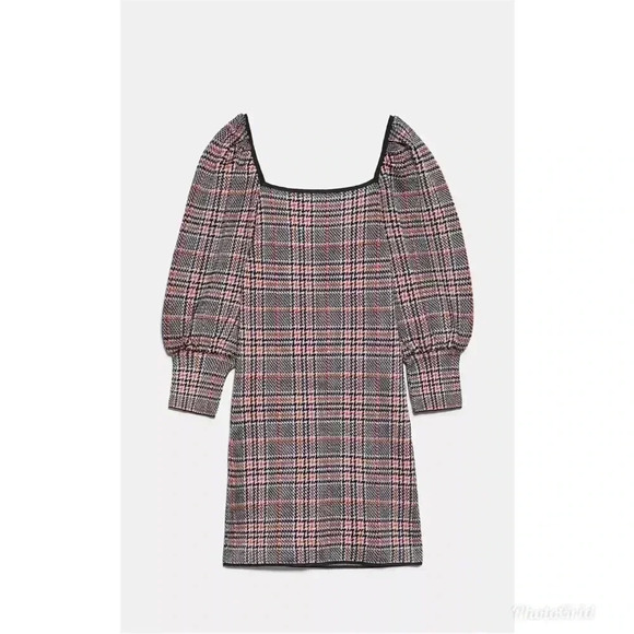 NWT Zara Bodycon Houndstooth Plaid Knit Dress Boat Halter Neck Black/Orange Sz L - Picture 7 of 16